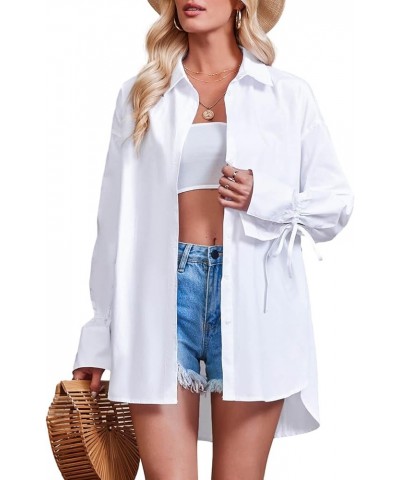 Women's Oversized Button Down Shirt Long Sleeve with Bow Solid Casual Loose Blouse Tops White $18.40 Blouses