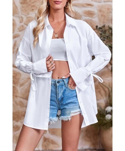 Women's Oversized Button Down Shirt Long Sleeve with Bow Solid Casual Loose Blouse Tops White $18.40 Blouses