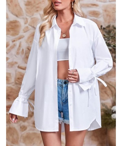 Women's Oversized Button Down Shirt Long Sleeve with Bow Solid Casual Loose Blouse Tops White $18.40 Blouses