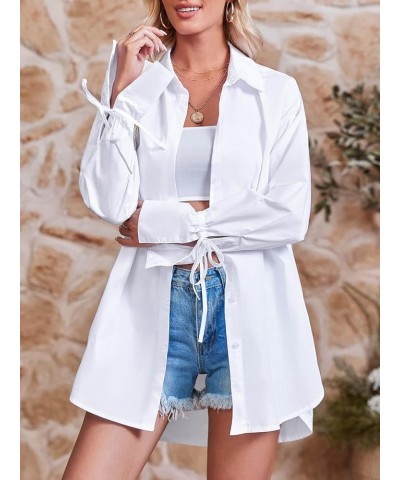 Women's Oversized Button Down Shirt Long Sleeve with Bow Solid Casual Loose Blouse Tops White $18.40 Blouses