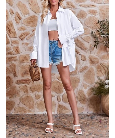 Women's Oversized Button Down Shirt Long Sleeve with Bow Solid Casual Loose Blouse Tops White $18.40 Blouses