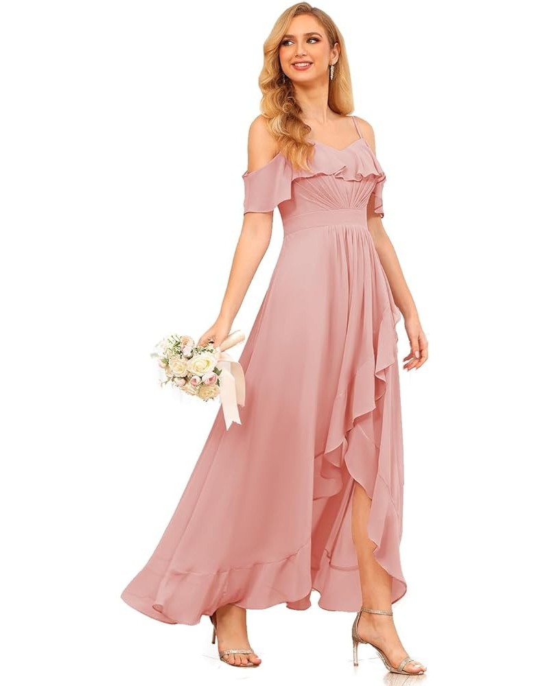 High Low Chiffon Bridesmaid Dress with Slit A Line Off The Shoulder Ruffle Bridesmaid Dresses Long for Women WD090 Dusty Rose...