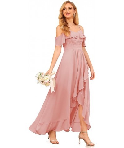 High Low Chiffon Bridesmaid Dress with Slit A Line Off The Shoulder Ruffle Bridesmaid Dresses Long for Women WD090 Dusty Rose...