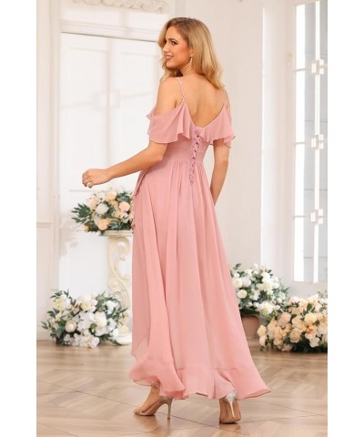 High Low Chiffon Bridesmaid Dress with Slit A Line Off The Shoulder Ruffle Bridesmaid Dresses Long for Women WD090 Dusty Rose...