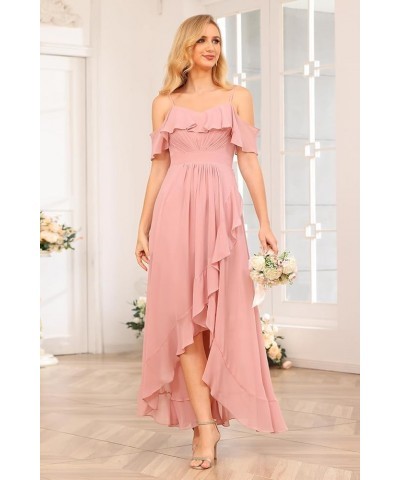 High Low Chiffon Bridesmaid Dress with Slit A Line Off The Shoulder Ruffle Bridesmaid Dresses Long for Women WD090 Dusty Rose...