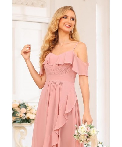 High Low Chiffon Bridesmaid Dress with Slit A Line Off The Shoulder Ruffle Bridesmaid Dresses Long for Women WD090 Dusty Rose...