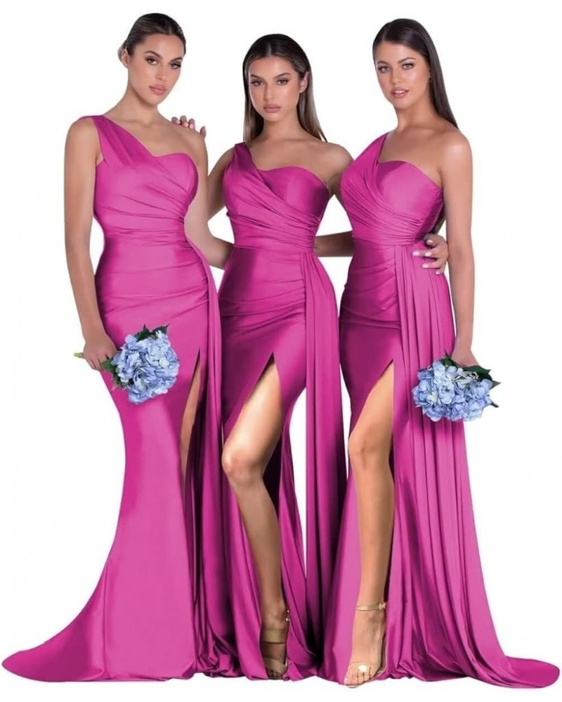 Women's One Shoulder Bridesmaid Dresses Long with Slit Pleats Satin Mermaid Formal Wedding Party Gowns Fuchsia $33.79 Dresses