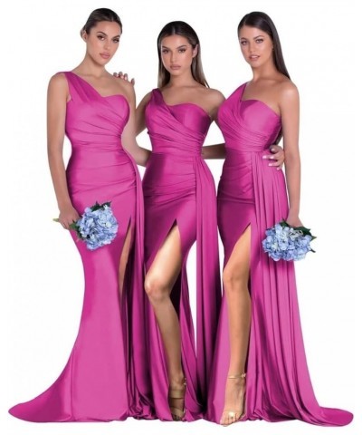 Women's One Shoulder Bridesmaid Dresses Long with Slit Pleats Satin Mermaid Formal Wedding Party Gowns Fuchsia $33.79 Dresses