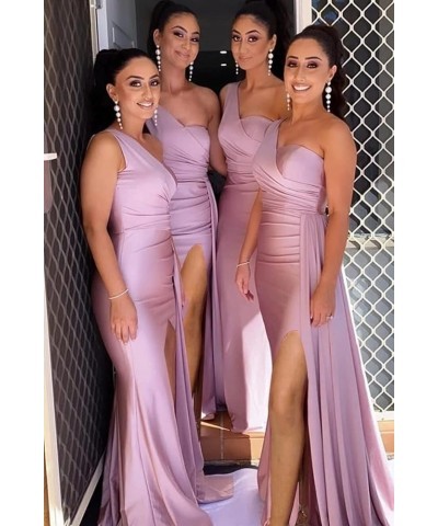 Women's One Shoulder Bridesmaid Dresses Long with Slit Pleats Satin Mermaid Formal Wedding Party Gowns Fuchsia $33.79 Dresses