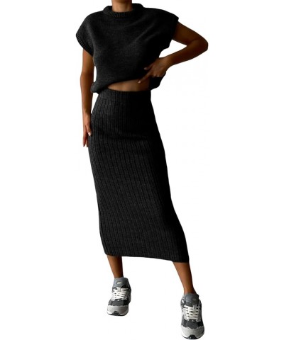 Women's 2 Piece Sweater Sets Outfits Knit Vest Pullover Bodycon Maxi Skirts Loungewear Black $18.45 Sweaters