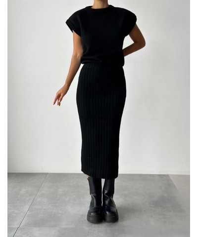 Women's 2 Piece Sweater Sets Outfits Knit Vest Pullover Bodycon Maxi Skirts Loungewear Black $18.45 Sweaters