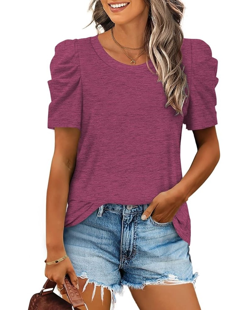 Womens Tunic Tops Puff Sleeve Casual V Neck Long Sleeve Shirts Solid Color S-2XL 06b-fuchsia $10.00 Tops