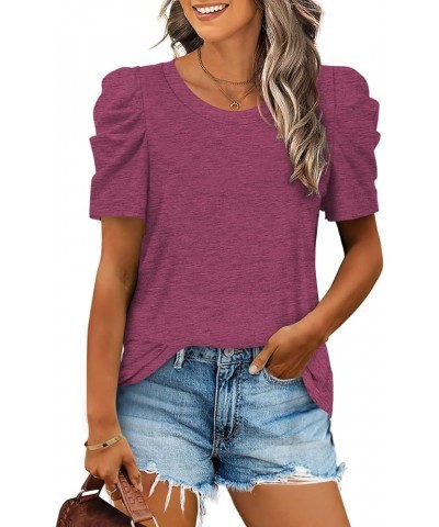 Womens Tunic Tops Puff Sleeve Casual V Neck Long Sleeve Shirts Solid Color S-2XL 06b-fuchsia $10.00 Tops