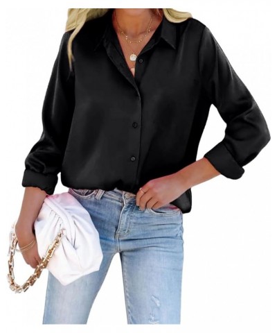 Women Bow Tie Neck Office Blouse Button Down Long Sleeve Bodysuit Blouse Top Black-satin $17.02 Blouses