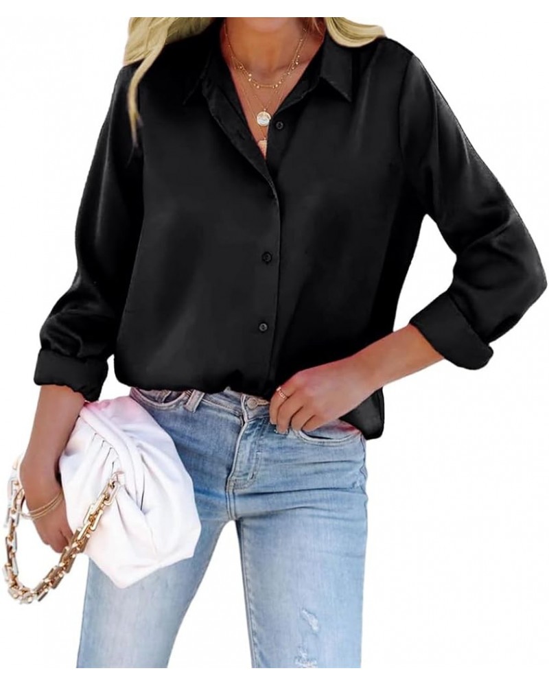 Women Bow Tie Neck Office Blouse Button Down Long Sleeve Bodysuit Blouse Top Black-satin $17.02 Blouses