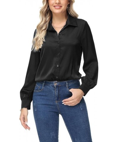 Women Bow Tie Neck Office Blouse Button Down Long Sleeve Bodysuit Blouse Top Black-satin $17.02 Blouses