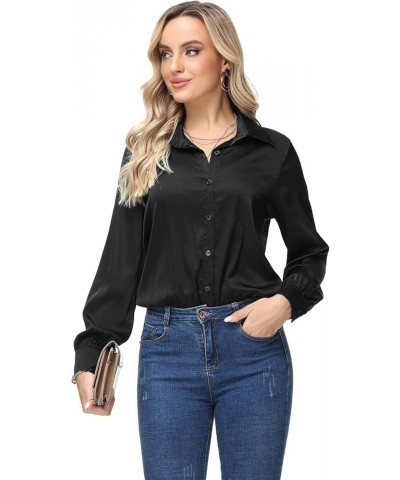 Women Bow Tie Neck Office Blouse Button Down Long Sleeve Bodysuit Blouse Top Black-satin $17.02 Blouses