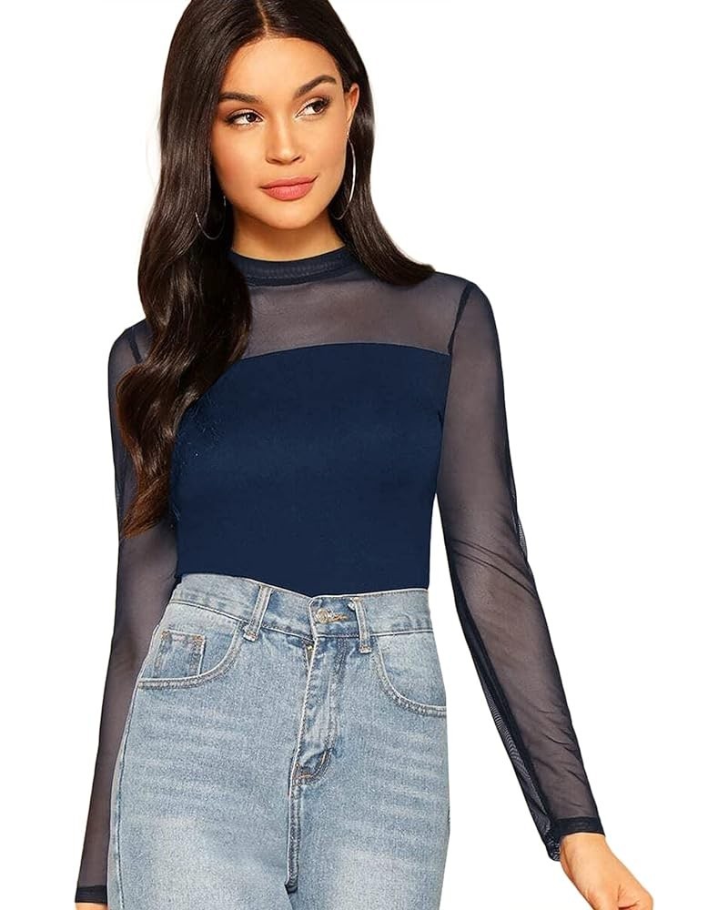 Women's Mock Neck Long Sleeve Mesh Insert Elegant Blouse Tops Dark Blue $9.60 Blouses