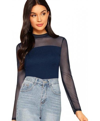 Women's Mock Neck Long Sleeve Mesh Insert Elegant Blouse Tops Dark Blue $9.60 Blouses