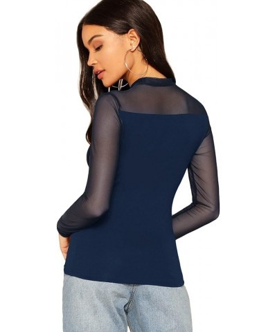 Women's Mock Neck Long Sleeve Mesh Insert Elegant Blouse Tops Dark Blue $9.60 Blouses