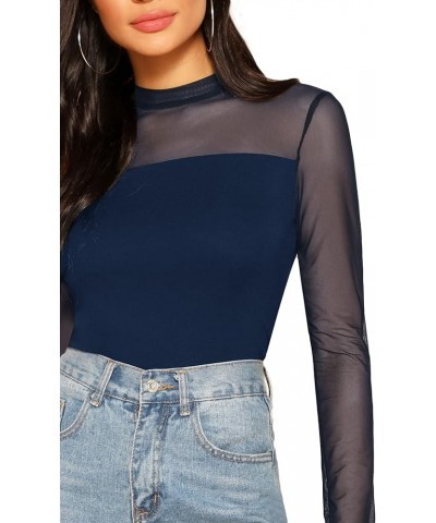 Women's Mock Neck Long Sleeve Mesh Insert Elegant Blouse Tops Dark Blue $9.60 Blouses