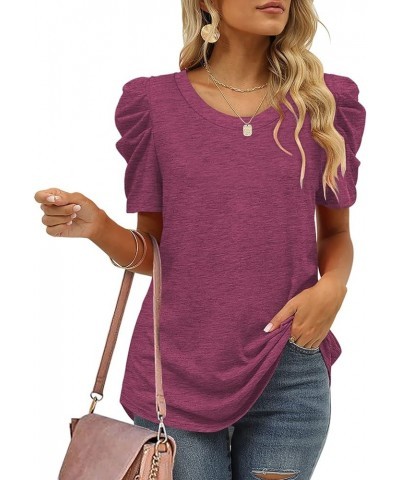 Womens Tunic Tops Puff Sleeve Casual V Neck Long Sleeve Shirts Solid Color S-2XL 06b-fuchsia $10.00 Tops