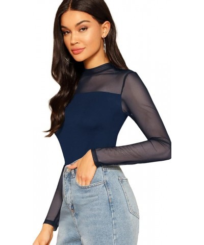 Women's Mock Neck Long Sleeve Mesh Insert Elegant Blouse Tops Dark Blue $9.60 Blouses