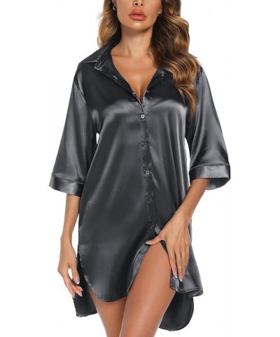 Satin Nightgown For Women 3/4 Sleeve Silk Nightshirt Button Down Pajamas Dress Boyfriend Sleepshirt S-XXL Grey $17.59 Sleep &...