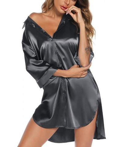 Satin Nightgown For Women 3/4 Sleeve Silk Nightshirt Button Down Pajamas Dress Boyfriend Sleepshirt S-XXL Grey $17.59 Sleep &...