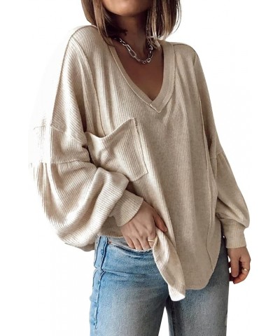 Women's Casual V Neck Ribbed Knitted Shirts Pullover Tunic Tops Loose Balloon Sleeve Solid Color Blouses Top Solid Apricot $2...