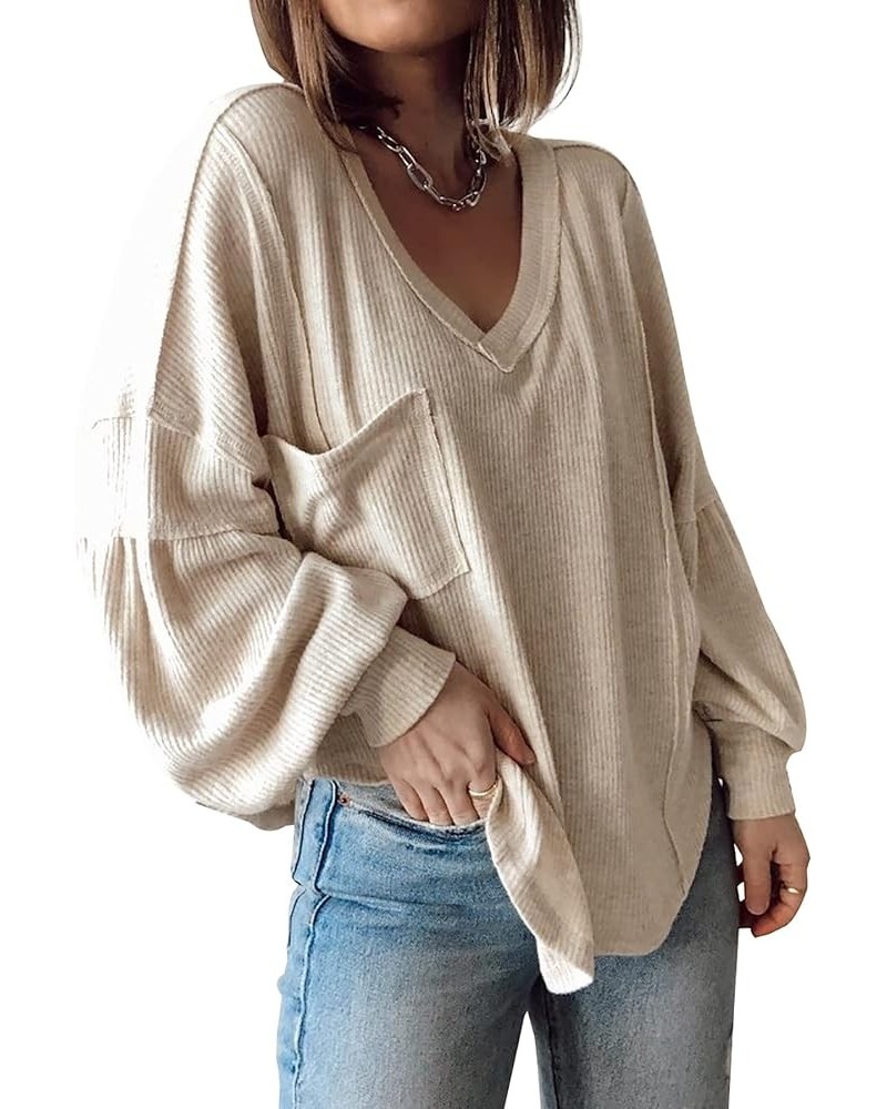 Women's Casual V Neck Ribbed Knitted Shirts Pullover Tunic Tops Loose Balloon Sleeve Solid Color Blouses Top Solid Apricot $2...