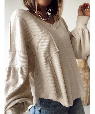 Women's Casual V Neck Ribbed Knitted Shirts Pullover Tunic Tops Loose Balloon Sleeve Solid Color Blouses Top Solid Apricot $2...