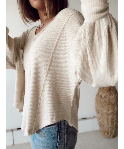 Women's Casual V Neck Ribbed Knitted Shirts Pullover Tunic Tops Loose Balloon Sleeve Solid Color Blouses Top Solid Apricot $2...