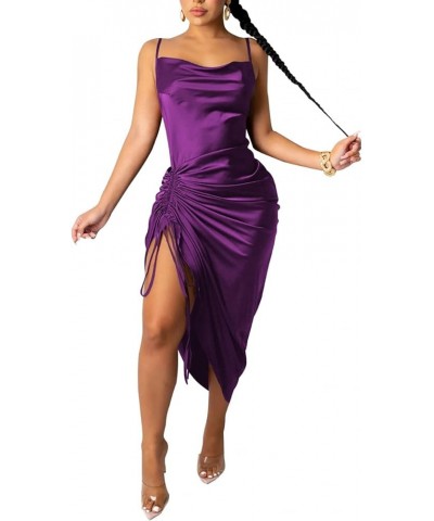 Women's Spaghetti Strap Satin Dress Sexy Backless Drawstring Ruched Split Hem Cocktail Evening Party 30-purple $20.15 Dresses