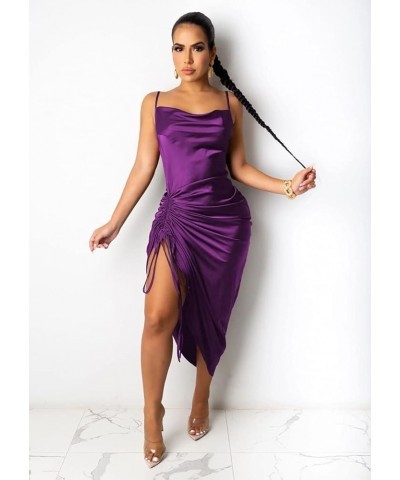 Women's Spaghetti Strap Satin Dress Sexy Backless Drawstring Ruched Split Hem Cocktail Evening Party 30-purple $20.15 Dresses