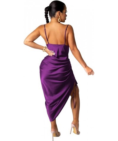 Women's Spaghetti Strap Satin Dress Sexy Backless Drawstring Ruched Split Hem Cocktail Evening Party 30-purple $20.15 Dresses