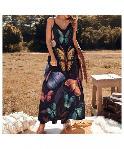 Women's Colorful Butterfly Printed Strap Maxi Dress Floral Printed Bohemian Beach Dress Black2 $18.28 Others