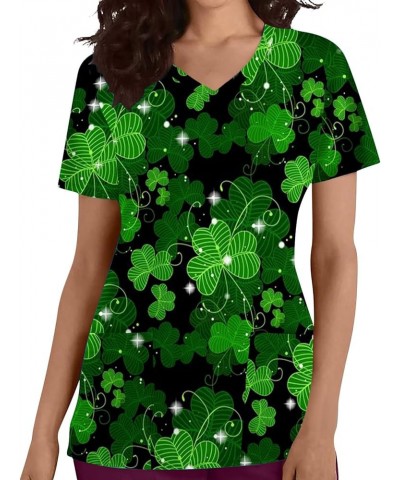 Women's St Patrick's Day Scrubs Tops Short Sleeve V Neck Irish Shamrock Stretchy Work Uniform Clothes 2024 01-black $6.95 Tops