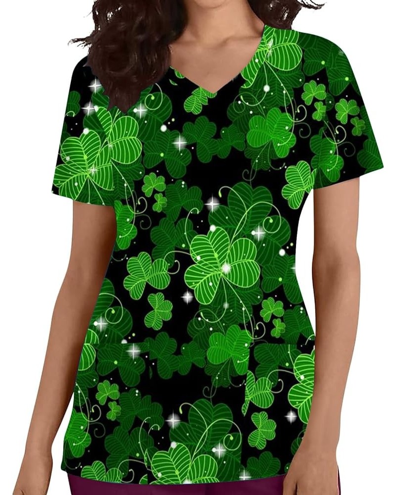 Women's St Patrick's Day Scrubs Tops Short Sleeve V Neck Irish Shamrock Stretchy Work Uniform Clothes 2024 01-black $6.95 Tops