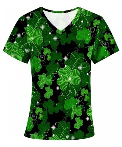 Women's St Patrick's Day Scrubs Tops Short Sleeve V Neck Irish Shamrock Stretchy Work Uniform Clothes 2024 01-black $6.95 Tops