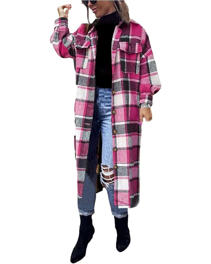 Women's Thick Woolen Lapel Button Up Long Plaid Shirt Coat Check Maxi Shacket Rose Red $16.80 Coats