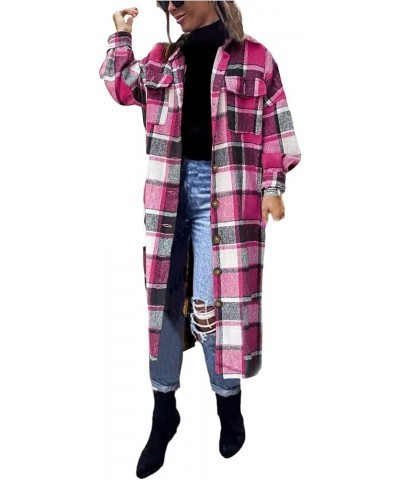 Women's Thick Woolen Lapel Button Up Long Plaid Shirt Coat Check Maxi Shacket Rose Red $16.80 Coats