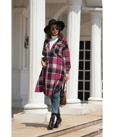 Women's Thick Woolen Lapel Button Up Long Plaid Shirt Coat Check Maxi Shacket Rose Red $16.80 Coats