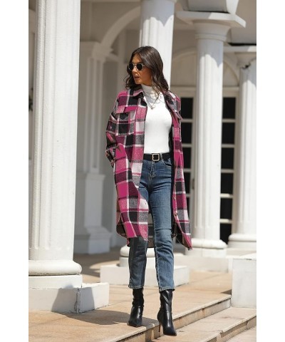 Women's Thick Woolen Lapel Button Up Long Plaid Shirt Coat Check Maxi Shacket Rose Red $16.80 Coats