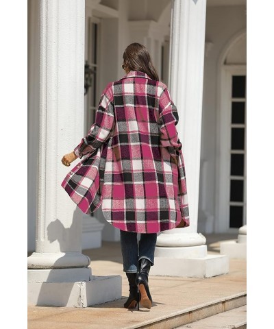 Women's Thick Woolen Lapel Button Up Long Plaid Shirt Coat Check Maxi Shacket Rose Red $16.80 Coats