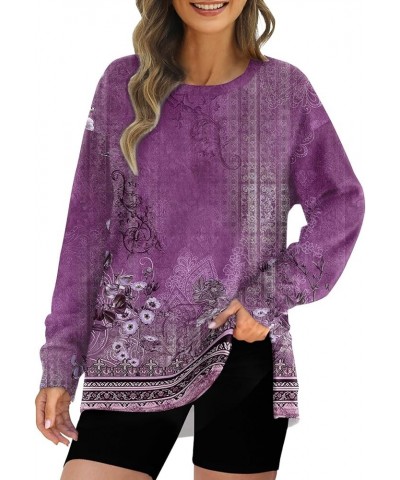 Plus Size Crewneck Tops for Women Long Sleeve Side Split Loose Casual Knit Pullover Sweater Blouse 02-purple $12.69 Activewear