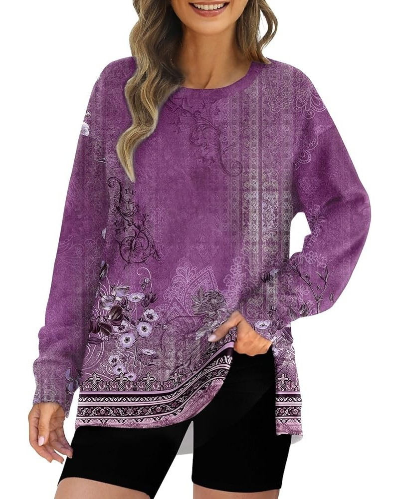 Plus Size Crewneck Tops for Women Long Sleeve Side Split Loose Casual Knit Pullover Sweater Blouse 02-purple $12.69 Activewear