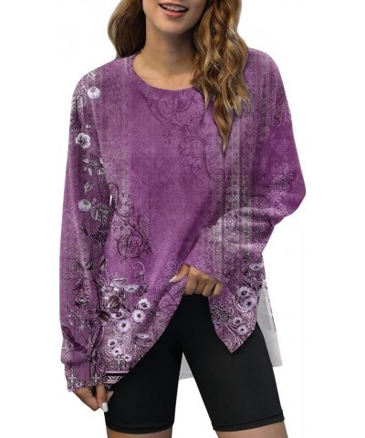 Plus Size Crewneck Tops for Women Long Sleeve Side Split Loose Casual Knit Pullover Sweater Blouse 02-purple $12.69 Activewear