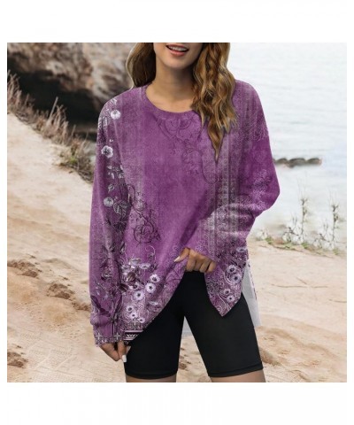 Plus Size Crewneck Tops for Women Long Sleeve Side Split Loose Casual Knit Pullover Sweater Blouse 02-purple $12.69 Activewear