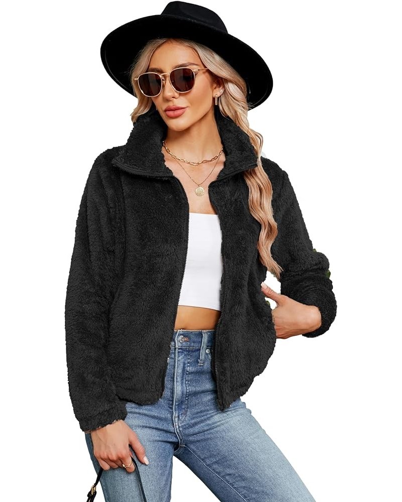 Women's Winter Fleece Jackets Sherpa Teedy Zip-up Jackets Coat Faux Fur Long Sleeve Shaggy Jacket with Pockets Black-02 $10.0...